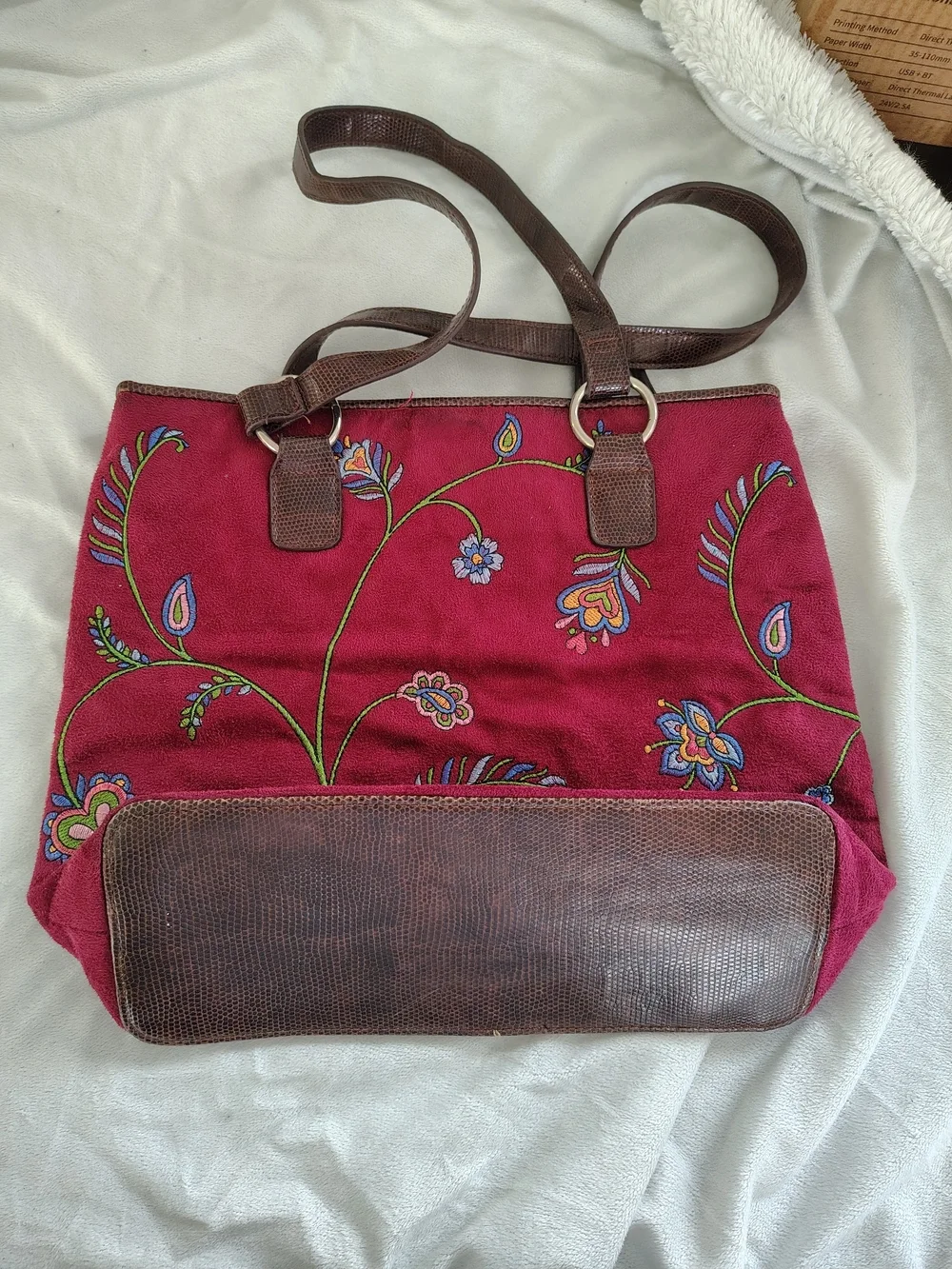 Bueno Embroidered Magenta Tote with Brown Trim
